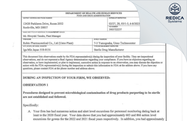 FDA 483 - Rohto Pharmaceutical Co., Ltd. [Iga / Japan] - Download PDF - Redica Systems