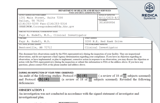 FDA 483 - Fayz A. Hudefi, M.D. [Bentonville / United States of America] - Download PDF - Redica Systems