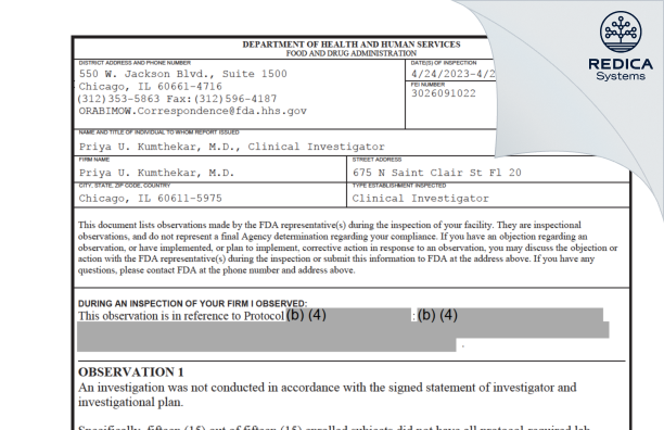 FDA 483 - Priya U. Kumthekar, M.D. [Chicago / United States of America] - Download PDF - Redica Systems