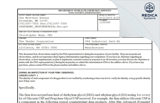 FDA 483 - Tender Corporation [Littleton / United States of America] - Download PDF - Redica Systems