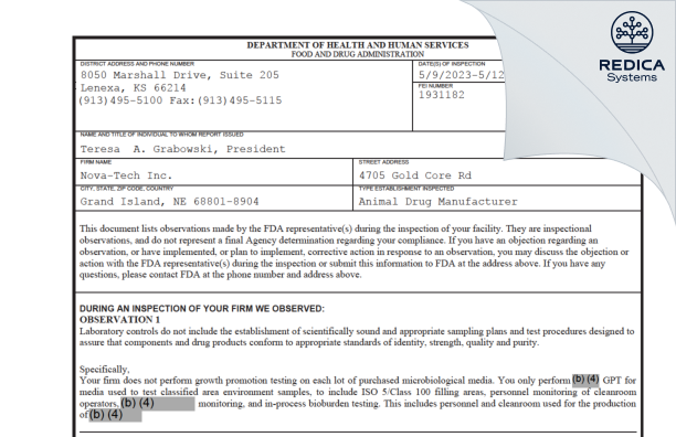 FDA 483 - Nova-Tech, Inc. [Grand Island / United States of America] - Download PDF - Redica Systems