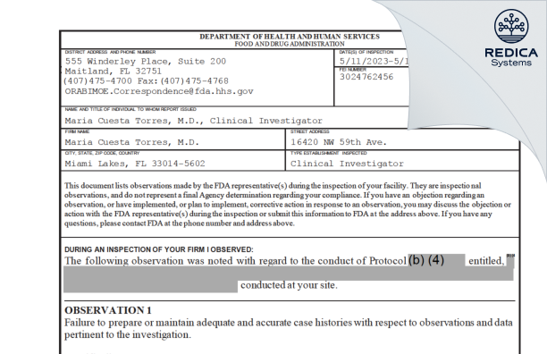 FDA 483 - Maria Cuesta Torres, M.D. [Miami Lakes / United States of America] - Download PDF - Redica Systems