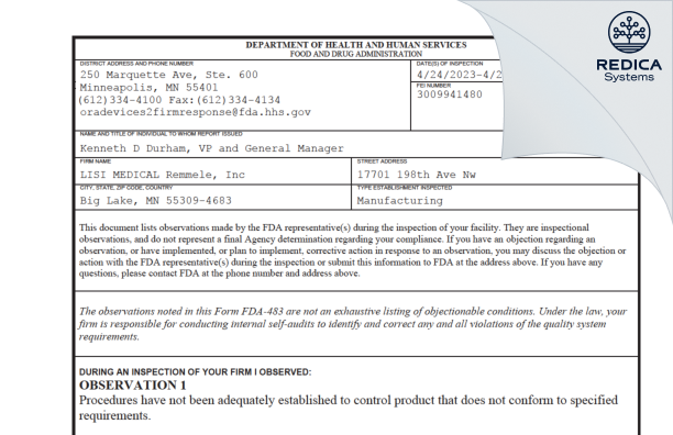 FDA 483 - LISI MEDICAL Remmele, Inc [Big Lake / United States of America] - Download PDF - Redica Systems