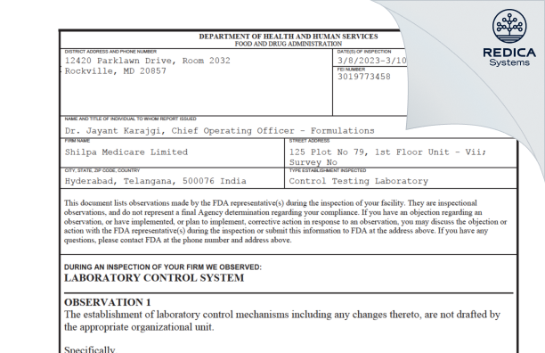 FDA 483 - SHILPA MEDICARE LIMITED [Hyderabad / India] - Download PDF - Redica Systems