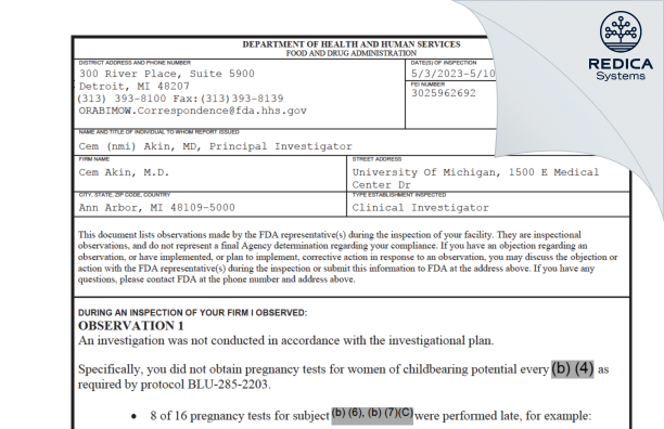 FDA 483 - Cem Akin, M.D. [Ann Arbor / United States of America] - Download PDF - Redica Systems