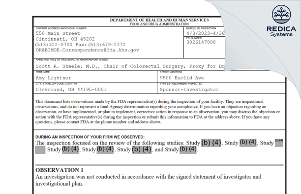 FDA 483 - Amy Lightner MD [Cleveland / United States of America] - Download PDF - Redica Systems