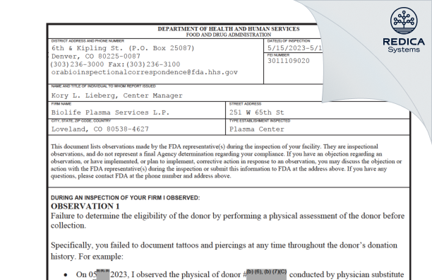 FDA 483 - Biolife Plasma Services L.P. [Loveland / United States of America] - Download PDF - Redica Systems