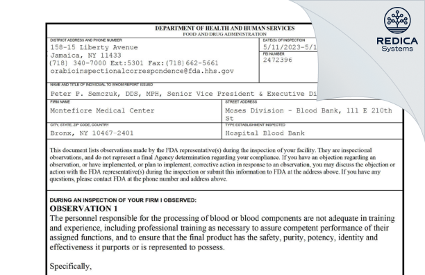 FDA 483 - Montefiore Medical Center [Bronx / United States of America] - Download PDF - Redica Systems