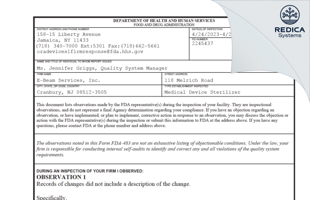 FDA 483 - E-BEAM Services, Inc. [Jersey / United States of America] - Download PDF - Redica Systems