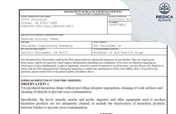 FDA 483 - Palisades Compounding Pharmacy [Pacific Palisades / United States of America] - Download PDF - Redica Systems