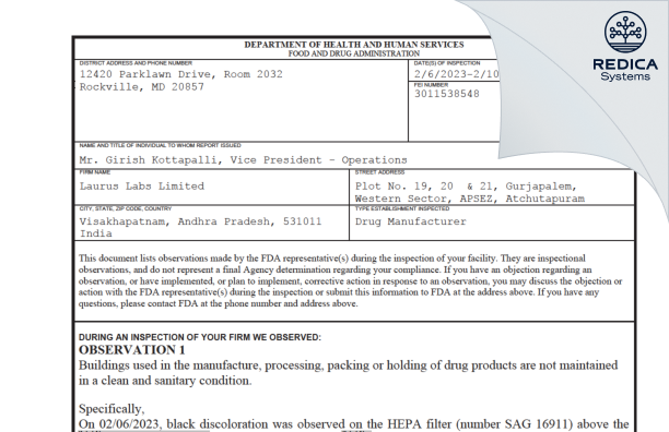FDA 483 - LAURUS LABS LIMITED [India / India] - Download PDF - Redica Systems