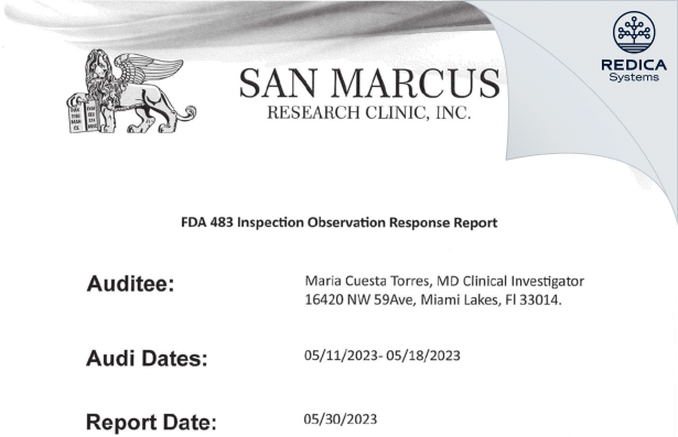 FDA 483 Response - Maria Cuesta Torres, M.D. [Miami Lakes / United States of America] - Download PDF - Redica Systems