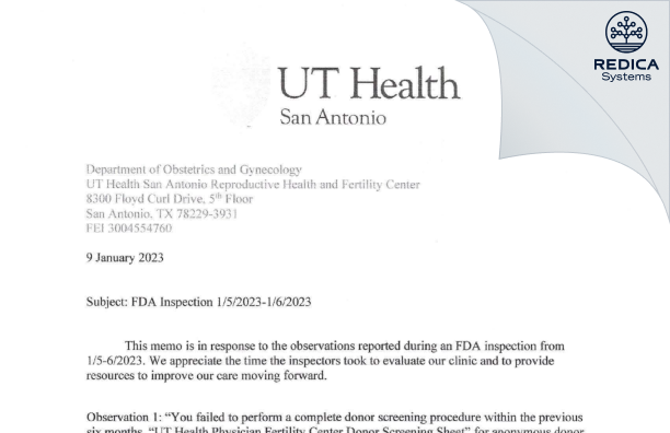 FDA 483 Response - UT Health San Antonio Reproductive Health and Fertility Center [San Antonio / United States of America] - Download PDF - Redica Systems