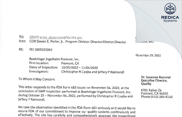 FDA 483 Response - Boehringer Ingelheim Fremont, Inc. [Fremont / United States of America] - Download PDF - Redica Systems