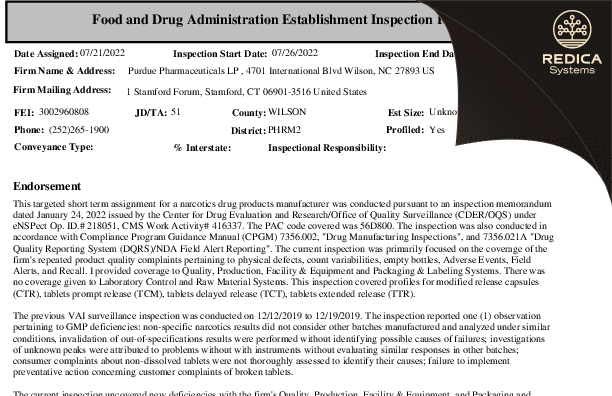 EIR - Purdue Pharmaceuticals L.P. [Wilson / United States of America] - Download PDF - Redica Systems
