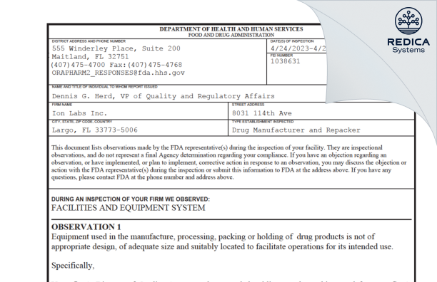 FDA 483 - Ion Labs Inc [Largo / United States of America] - Download PDF - Redica Systems