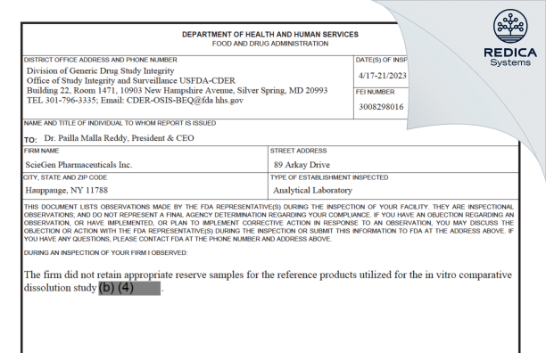 FDA 483 - ScieGen Pharmaceuticals, INC. [New York / United States of America] - Download PDF - Redica Systems