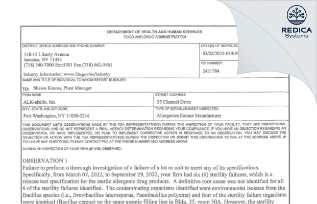 FDA 483 - Alk-abello, Inc. [Port Washington New York / United States of America] - Download PDF - Redica Systems