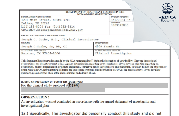 FDA 483 - Joseph C Gathe, Jr, MD, CI [Houston / United States of America] - Download PDF - Redica Systems
