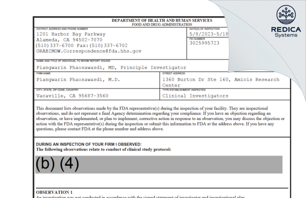 FDA 483 - Piangwarin Phaosawasdi, M.D. [Vacaville / United States of America] - Download PDF - Redica Systems