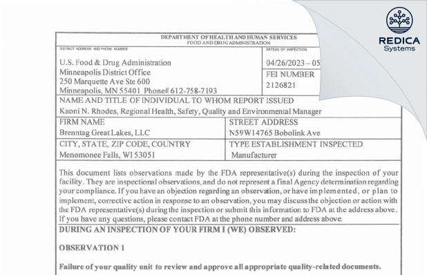 FDA 483 - Brenntag Great Lakes, LLC [Menomonee Falls / United States of America] - Download PDF - Redica Systems
