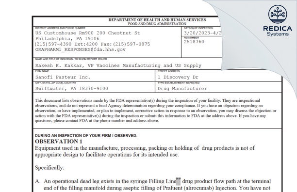 FDA 483 - Sanofi Pasteur Inc. [Swiftwater Pennsylvania / United States of America] - Download PDF - Redica Systems