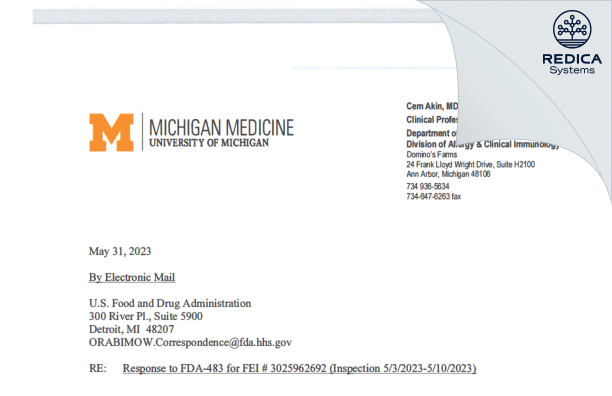 FDA 483 Response - Cem Akin, M.D. [Ann Arbor / United States of America] - Download PDF - Redica Systems