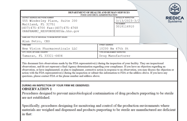 FDA 483 - New Vision Pharmaceuticals LLC [Florida / United States of America] - Download PDF - Redica Systems