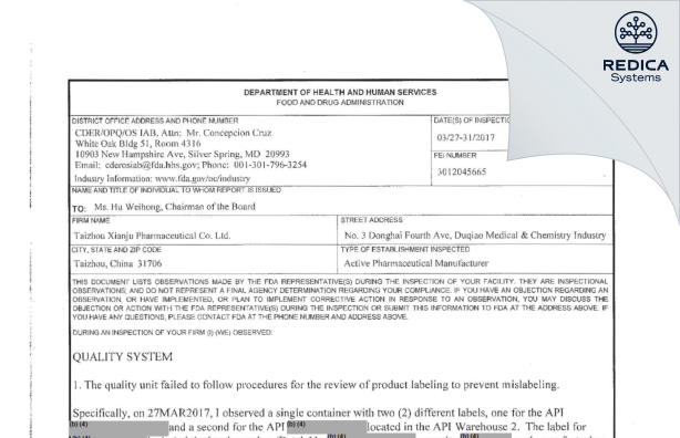 FDA 483 - Taizhou Xianju Pharmaceutical Co. Ltd. [Taizhou / China] - Download PDF - Redica Systems