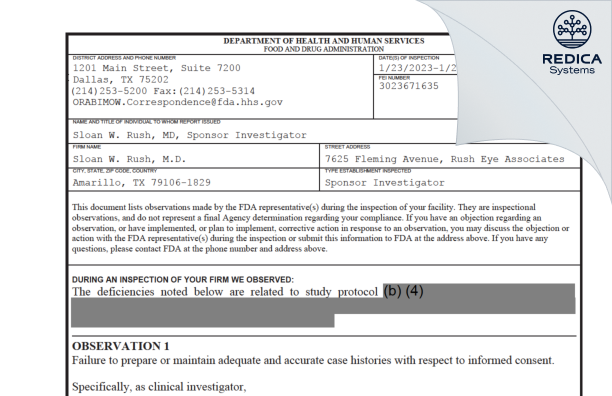 FDA 483 - Sloan W. Rush, M.D. [Amarillo / United States of America] - Download PDF - Redica Systems