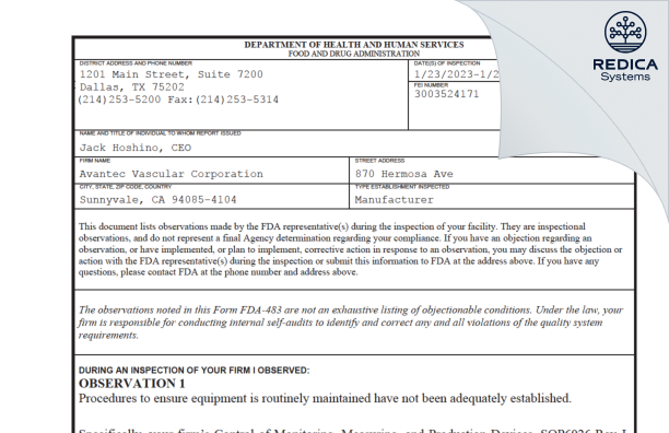 FDA 483 - Avantec Vascular Corporation [Sunnyvale / United States of America] - Download PDF - Redica Systems