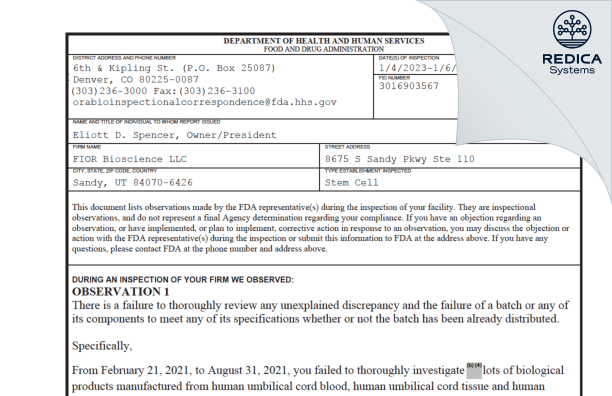 FDA 483 - FIOR Bioscience LLC [Sandy / United States of America] - Download PDF - Redica Systems