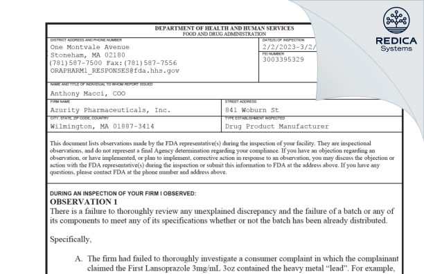 FDA 483 - Azurity Pharmaceuticals, Inc. [Woburn / United States of America] - Download PDF - Redica Systems