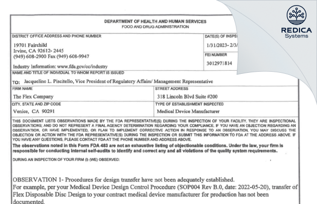 FDA 483 - The Flex Company [Venice / United States of America] - Download PDF - Redica Systems