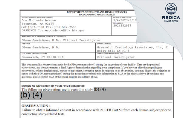 FDA 483 - Glenn Gandelman, M.D. [Greenwich / United States of America] - Download PDF - Redica Systems