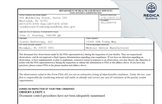 FDA 483 - Slater Endoscopy, LLC [Miramar / United States of America] - Download PDF - Redica Systems