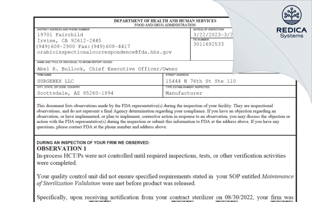 FDA 483 - SURGENEX LLC [Scottsdale / United States of America] - Download PDF - Redica Systems