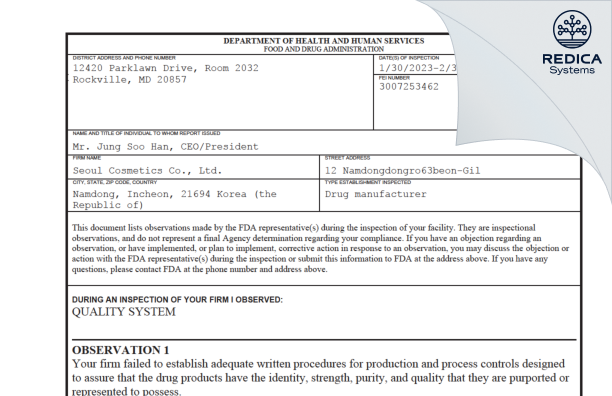 FDA 483 - Seoul cosmetics co.,ltd [Korea South / Korea (Republic of)] - Download PDF - Redica Systems