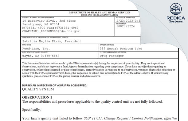 FDA 483 - Reed-Lane, Inc. [Wayne / United States of America] - Download PDF - Redica Systems