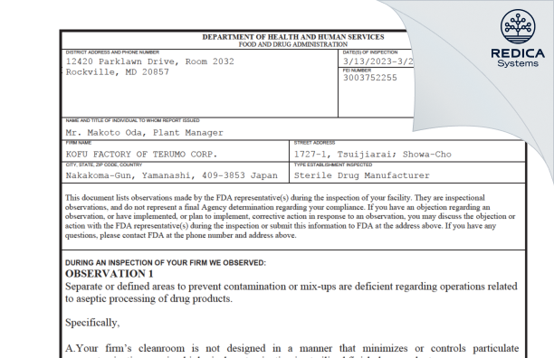 FDA 483 - TERUMO CORPORATION [Tsuijiarai Showacho / Japan] - Download PDF - Redica Systems