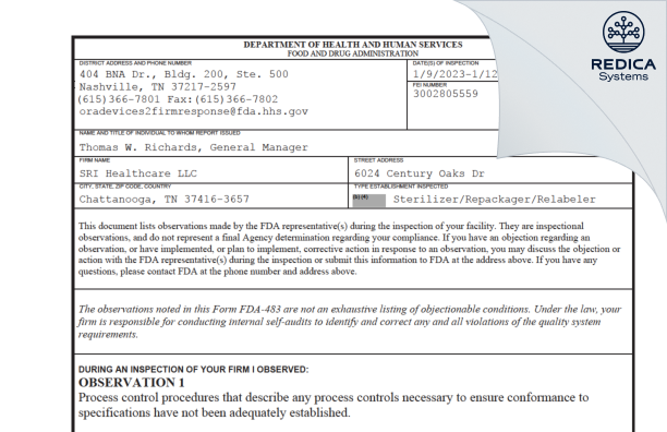 FDA 483 - SRI Healthcare LLC [Chattanooga / United States of America] - Download PDF - Redica Systems