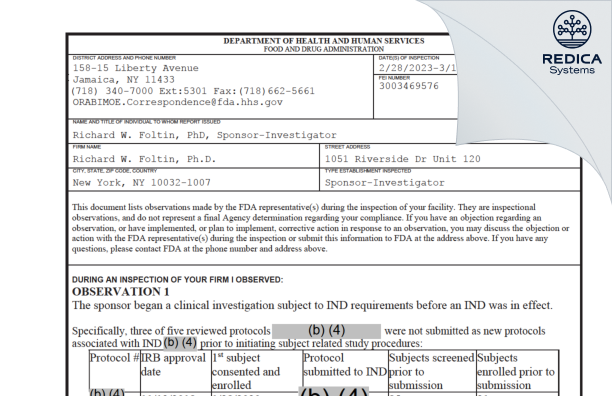 FDA 483 - Richard W. Foltin, Ph.D. [New York / United States of America] - Download PDF - Redica Systems