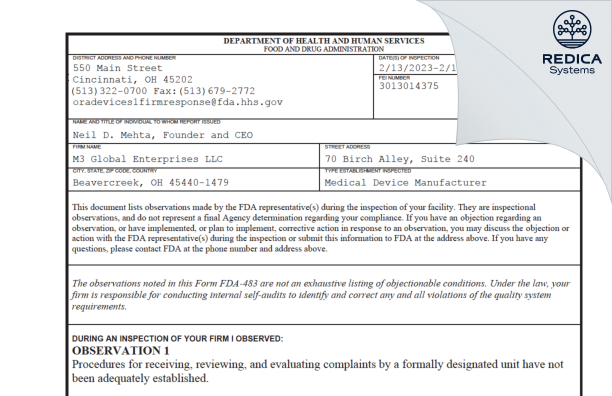 FDA 483 - M3 Global Enterprises LLC [Beavercreek / United States of America] - Download PDF - Redica Systems