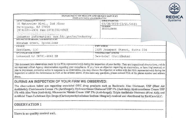 FDA 483 - EzriCare, LLC. [Lakewood / United States of America] - Download PDF - Redica Systems