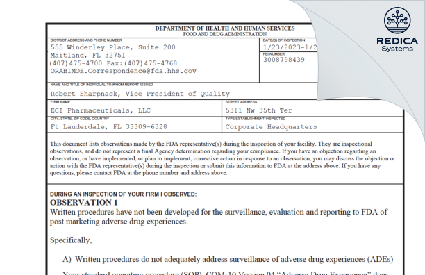 FDA 483 - ECI Pharmaceuticals LLC [Ft. Lauderdale Florida / United States of America] - Download PDF - Redica Systems