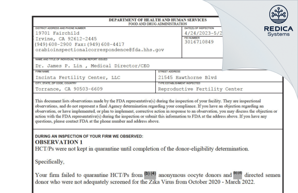 FDA 483 - Incinta Fertility Center, LLC [Torrance / United States of America] - Download PDF - Redica Systems