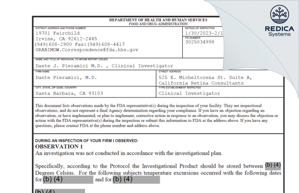 FDA 483 - Dante Pieramici, M.D. [Santa Barbara / United States of America] - Download PDF - Redica Systems