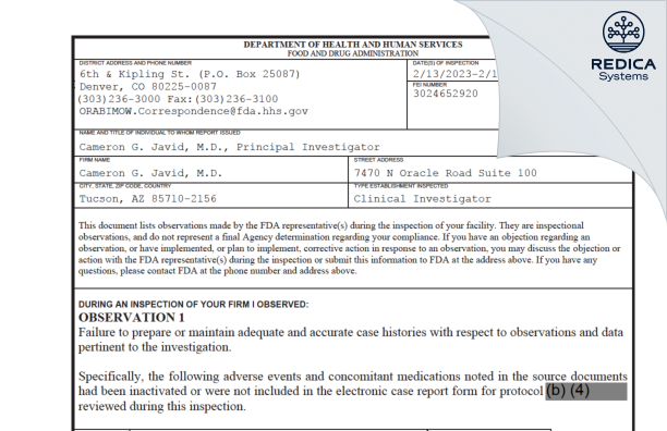 FDA 483 - Cameron G. Javid, M.D. [Tucson / United States of America] - Download PDF - Redica Systems