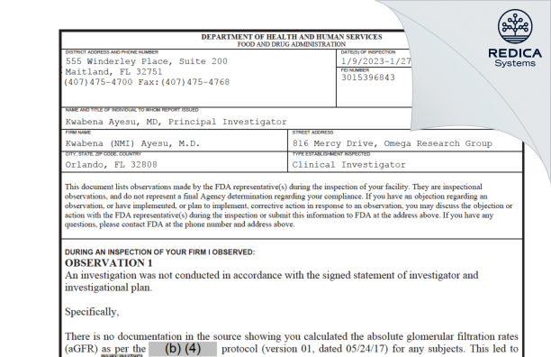 FDA 483 - Kwabena (NMI) Ayesu, M.D. [Orlando / United States of America] - Download PDF - Redica Systems