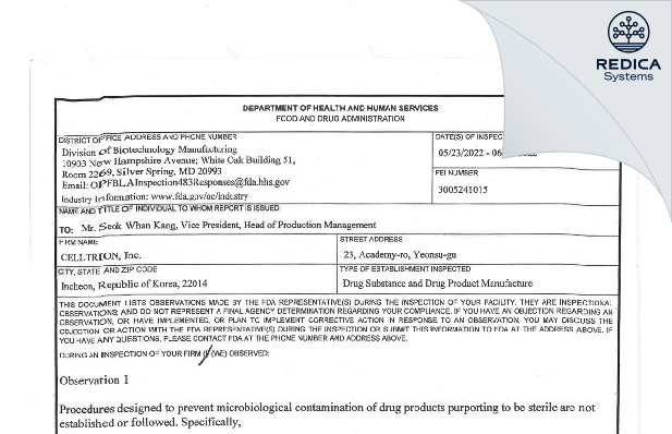 FDA 483 - CELLTRION Inc [Korea South / Korea (Republic of)] - Download PDF - Redica Systems